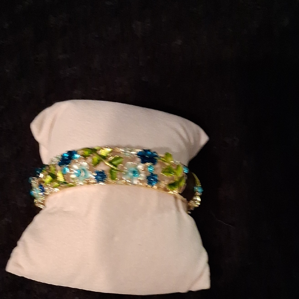 Gold-tone Floral Crystal Bracelet with Blue and Lime Accents